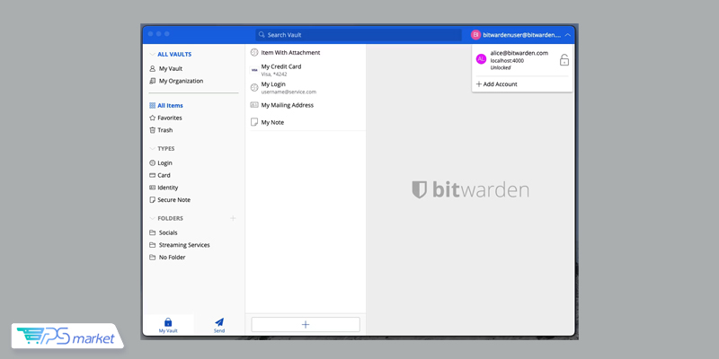 افزودن اکانت دوم به نرم افزار Bitwarden